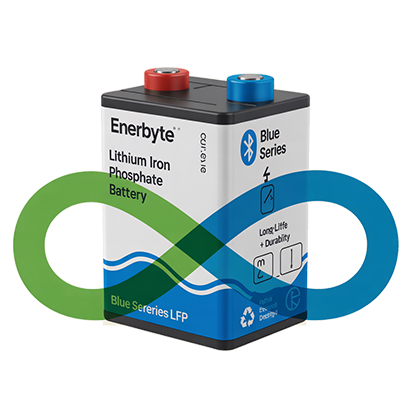Enerbyte lithium-ion and sodium-ion battery with infinity symbol showing long cycle life